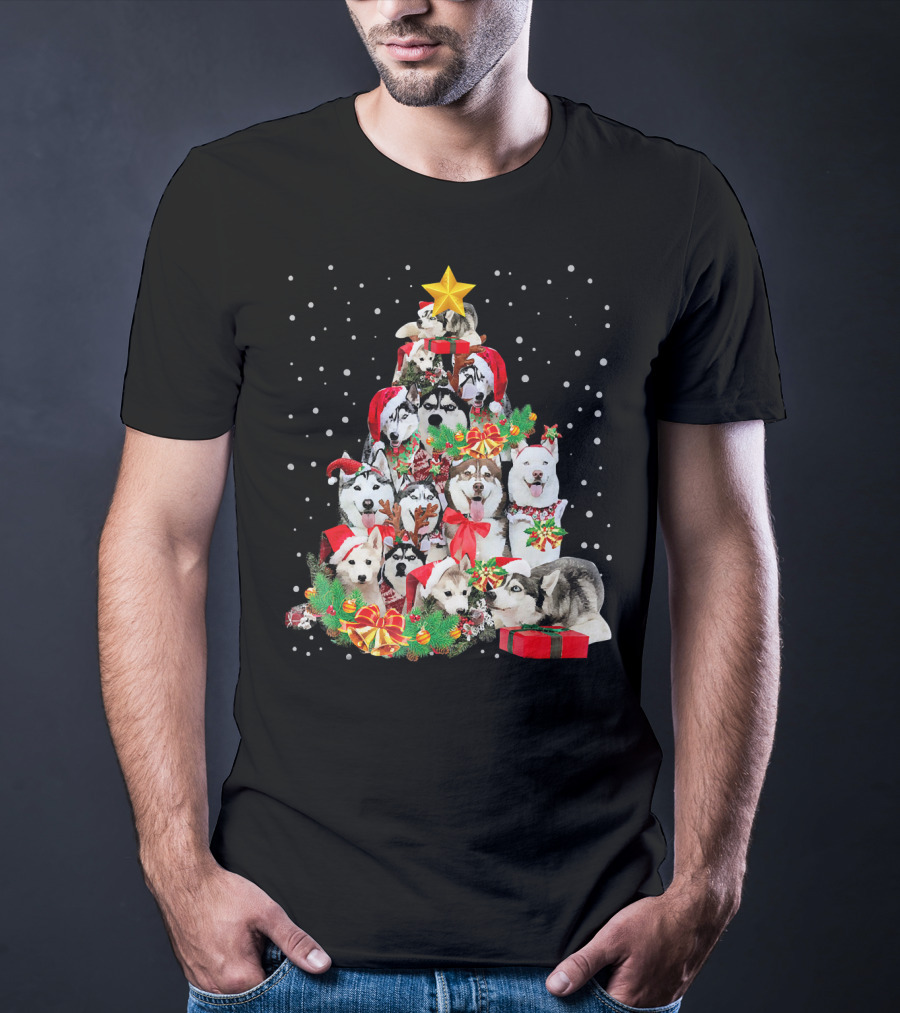 Siberian Husky Christmas Tree Festive Holiday Dogs With Gifts And Star T-Shirt