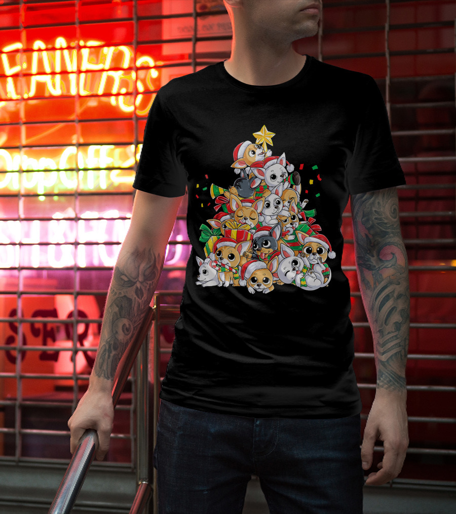 Chihuahua Christmas Tree Festive Dogs With Santa Hats And Presents T-Shirt