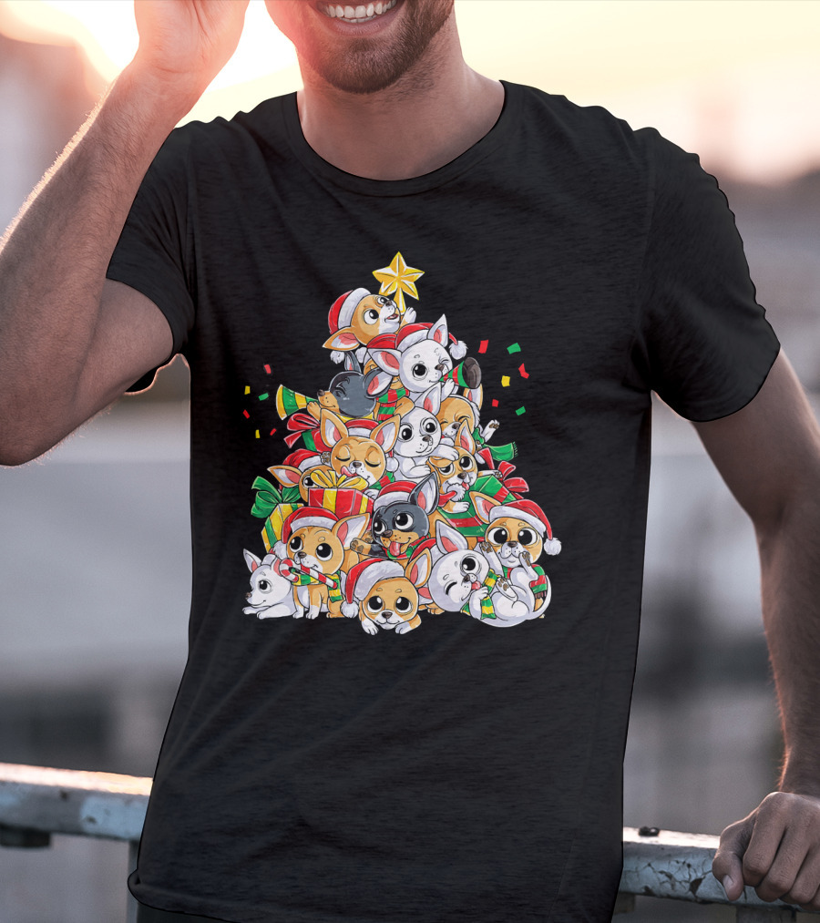 Chihuahua Christmas Tree Festive Dogs With Santa Hats And Presents T-Shirt