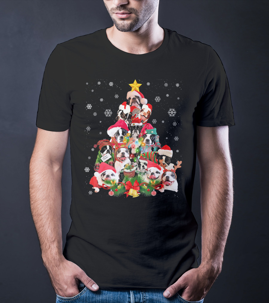 Boston Terriers Christmas Tree Snowflakes And Santa Hats T-Shirt