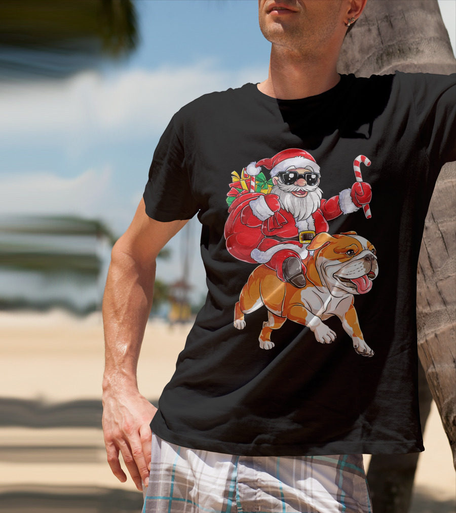 Santa Riding English Bulldog Christmas College Holiday T-Shirt