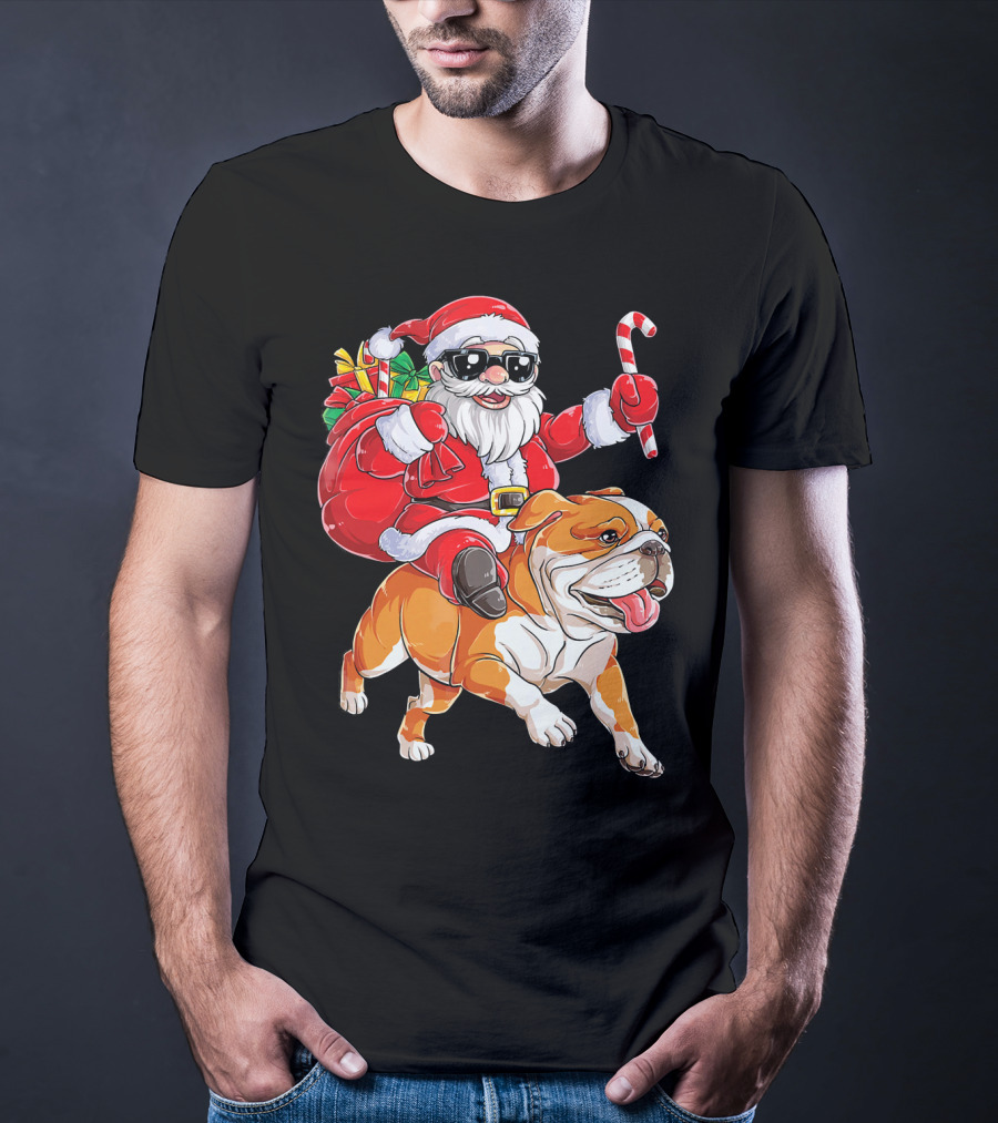Santa Riding English Bulldog Christmas College Holiday T-Shirt