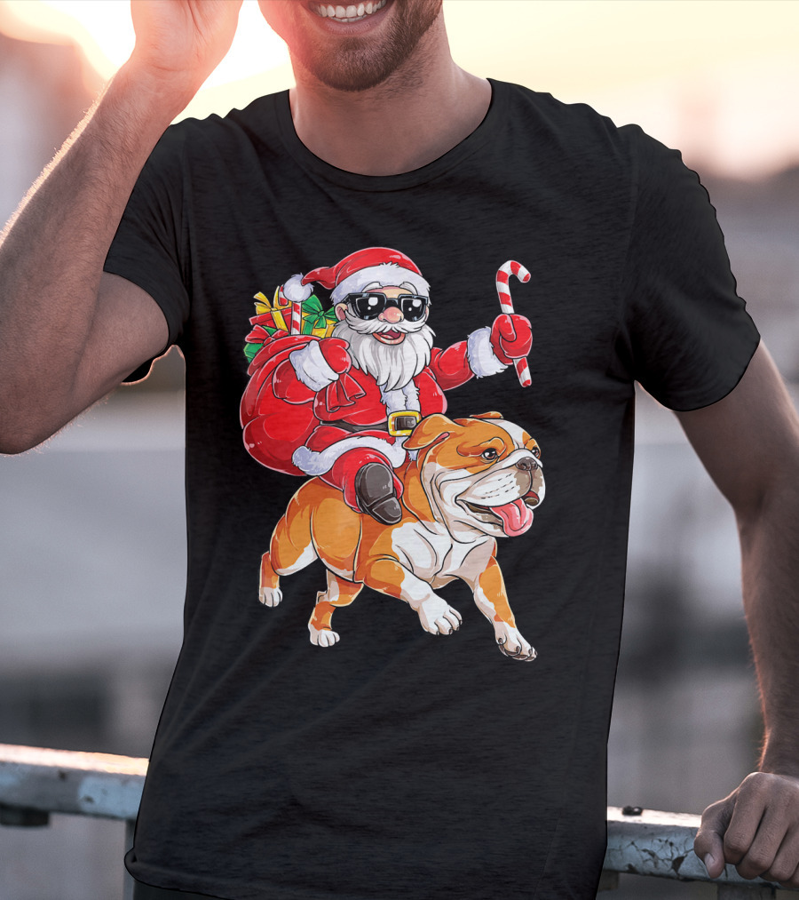 Santa Riding English Bulldog Christmas College Holiday T-Shirt