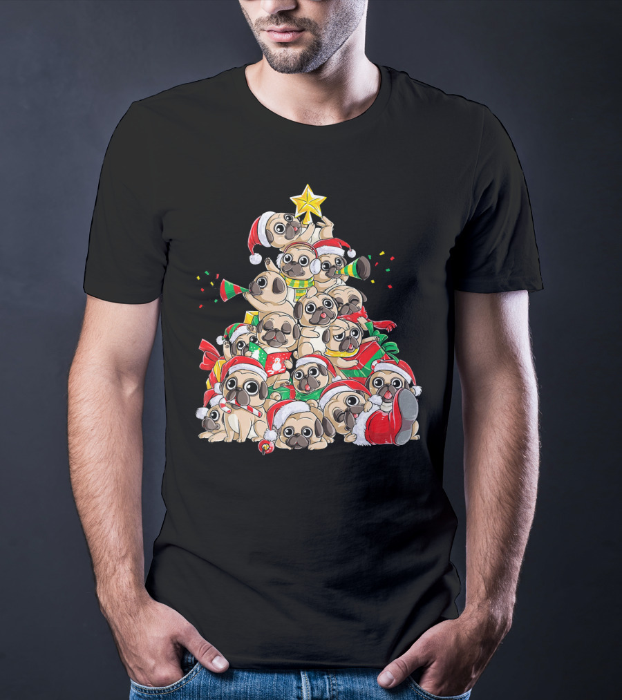 Merry Pugmas Christmas Tree With Pugs In Santa Hats T-Shirt