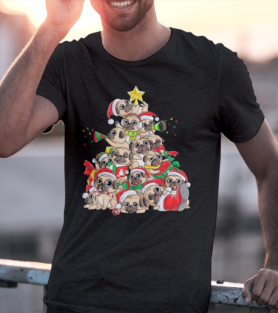 Merry Pugmas Christmas Tree With Pugs In Santa Hats T-Shirt