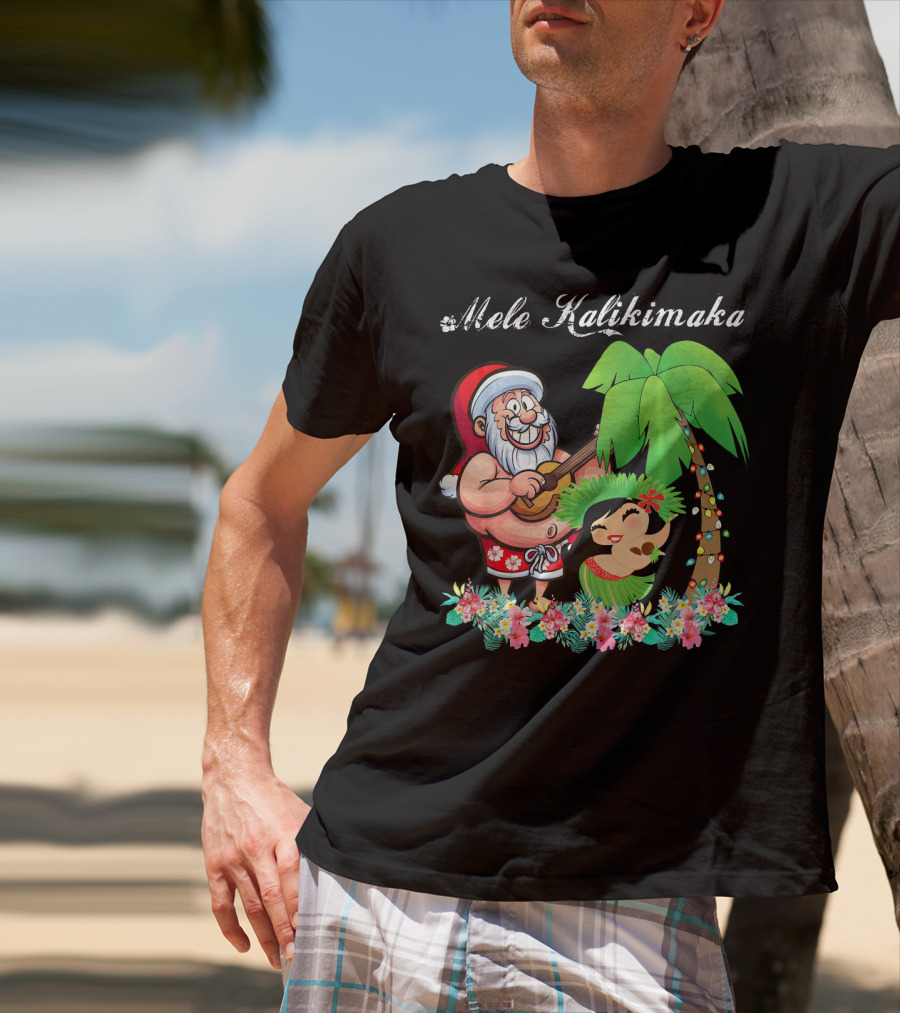 Mele Kalikimaka Christmas Santa Hawaii With Hula Dancer And Palm Tree T-Shirt