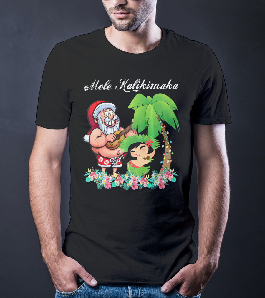 Mele Kalikimaka Christmas Santa Hawaii With Hula Dancer And Palm Tree T-Shirt