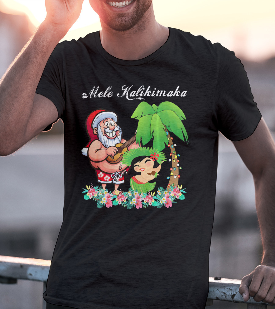 Mele Kalikimaka Christmas Santa Hawaii With Hula Dancer And Palm Tree T-Shirt
