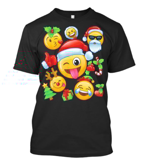 Santa Emoji Christmas Fun With Reindeer Candy Cane Gifts And Holly T-Shirt
