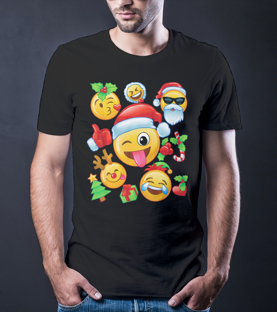 Santa Emoji Christmas Fun With Reindeer Candy Cane Gifts And Holly T-Shirt