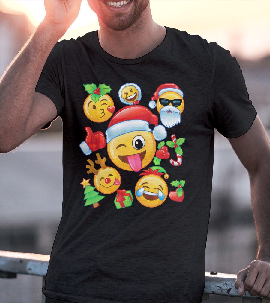 Santa Emoji Christmas Fun With Reindeer Candy Cane Gifts And Holly T-Shirt
