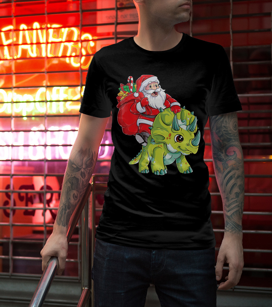 Santa Riding Triceratops Dinosaur Christmas Boys Santa Tric T-Shirt