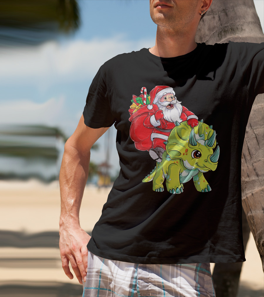 Santa Riding Triceratops Dinosaur Christmas Boys Santa Tric T-Shirt