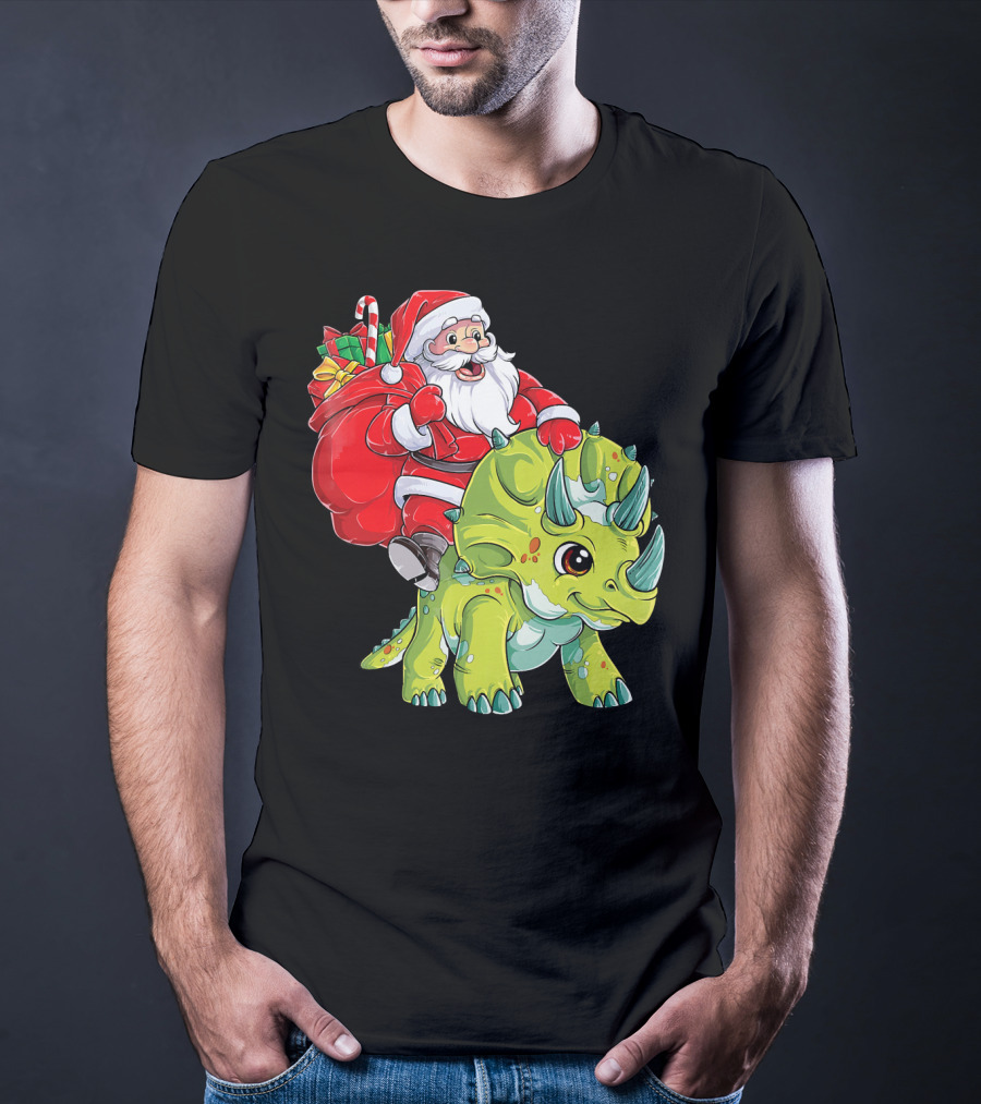 Santa Riding Triceratops Dinosaur Christmas Boys Santa Tric T-Shirt
