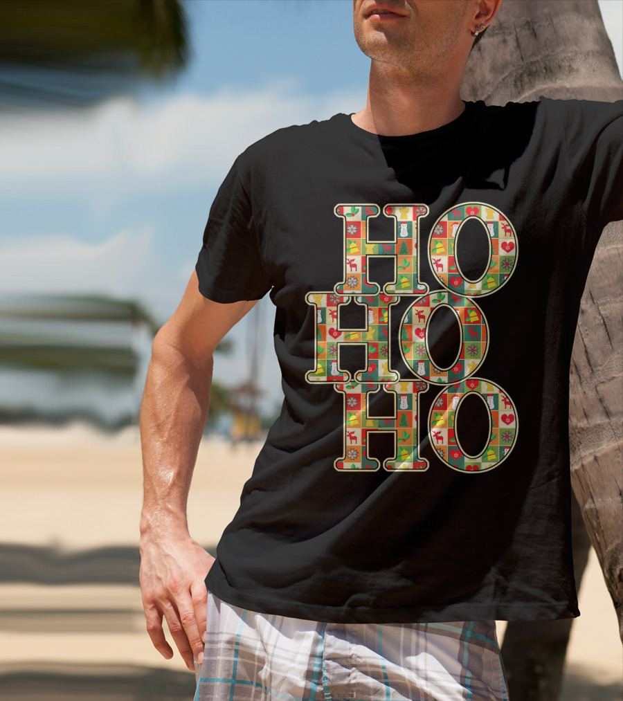 HoHoHo Funny Christmas Santa Patchwork Reindeer Snowman Ornaments T-Shirt