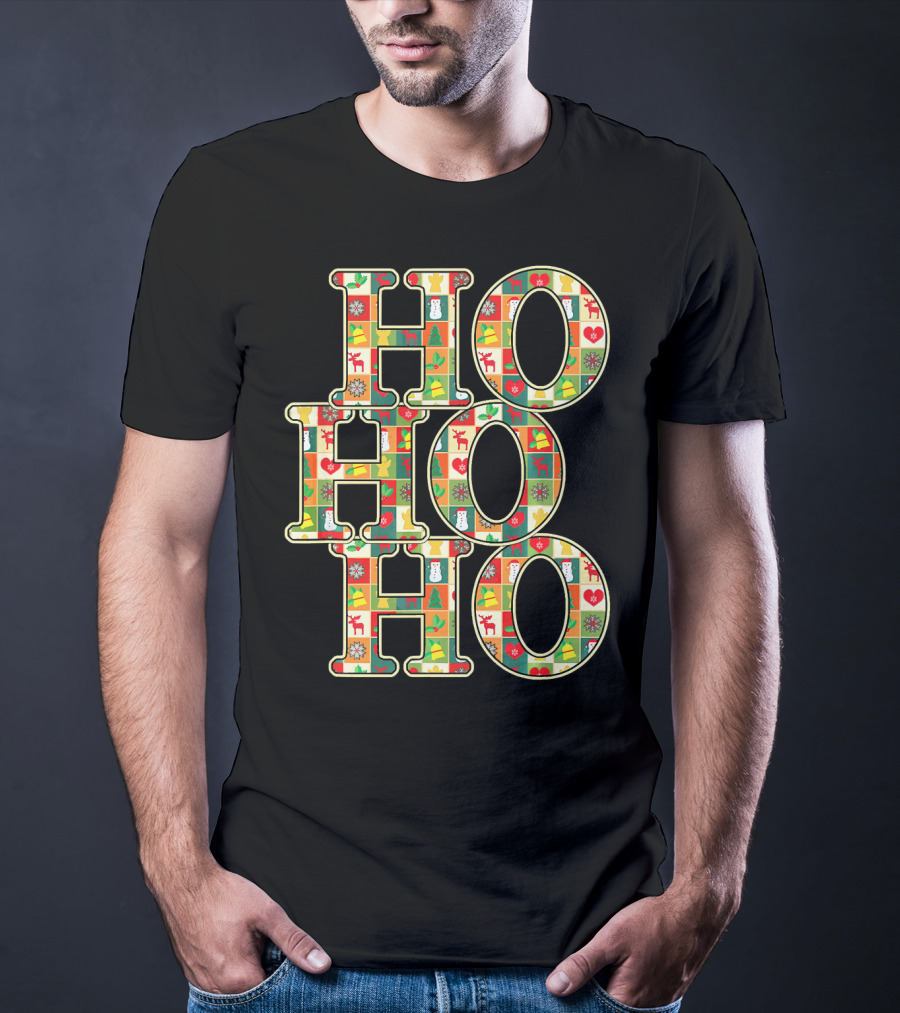 HoHoHo Funny Christmas Santa Patchwork Reindeer Snowman Ornaments T-Shirt