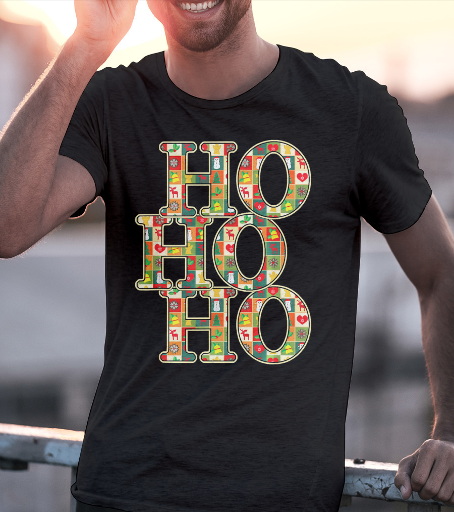 HoHoHo Funny Christmas Santa Patchwork Reindeer Snowman Ornaments T-Shirt