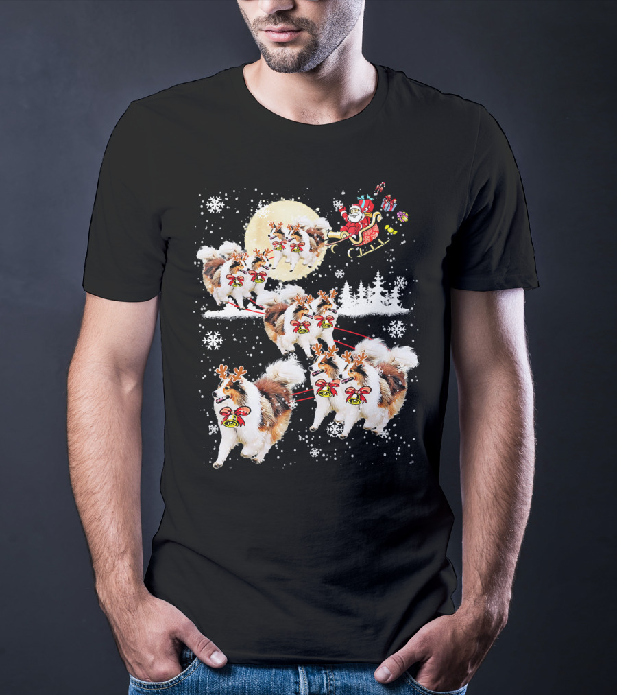 Sheltie Reindeer Christmas Nice Dog Santa Sleigh Moon Snowflakes T-Shirt