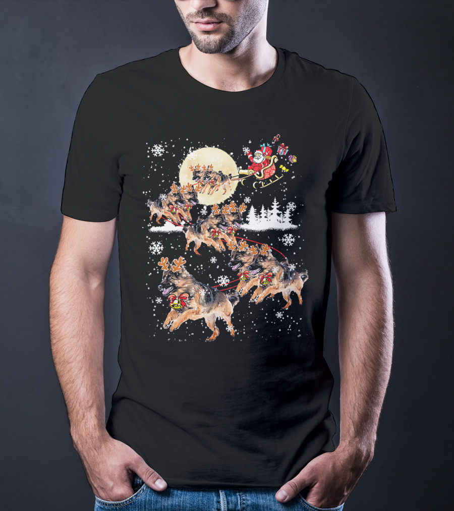 Santa Sleigh German Shepherd Reindeer Christmas Snowflakes Moon T-Shirt