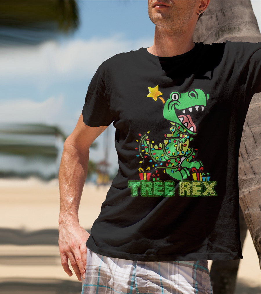 Tree Rex Dinosaur Wrapped In Christmas Lights With Presents And Star T-Shirt