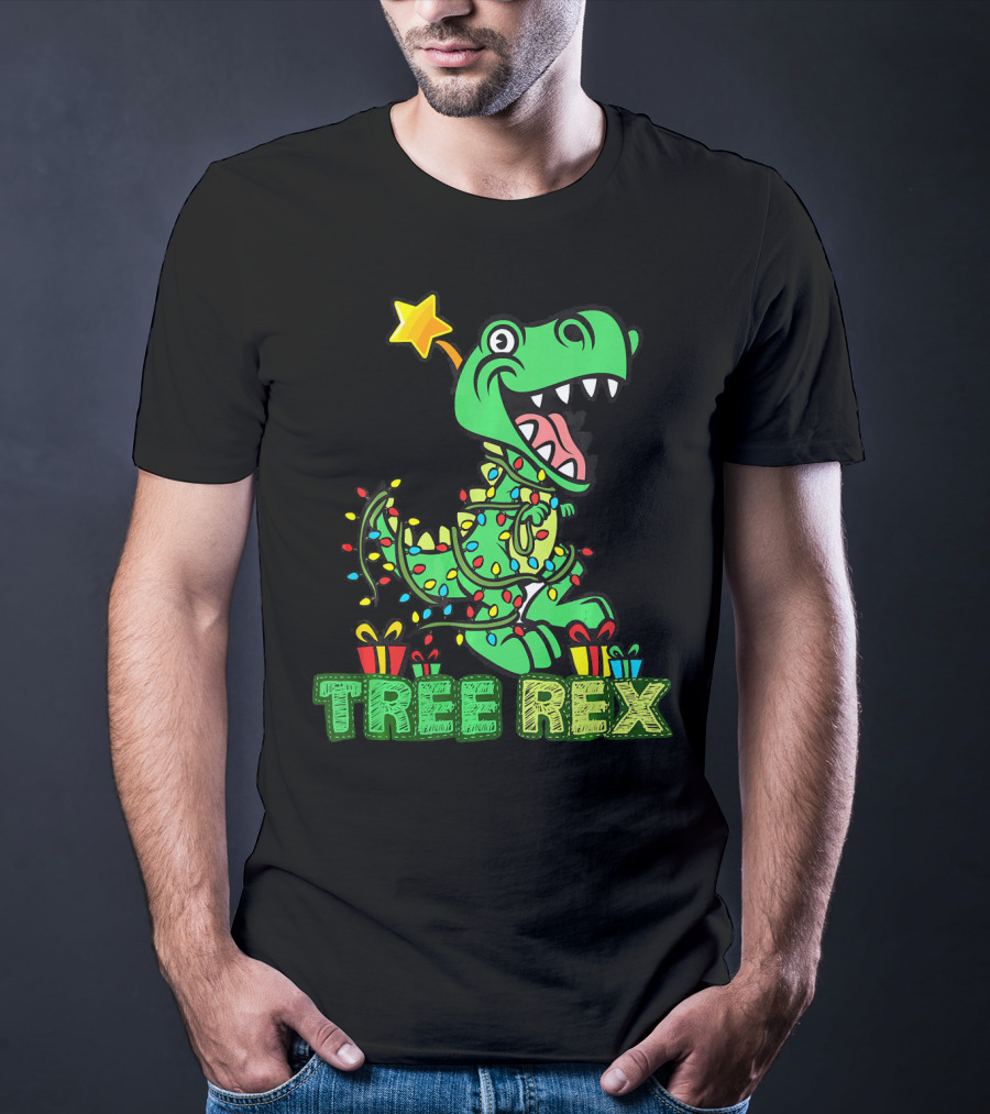 Tree Rex Dinosaur Wrapped In Christmas Lights With Presents And Star T-Shirt