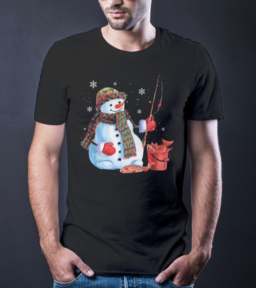 Merry Christmas Snowman Fishing With Fish And Snowflakes T-Shirt