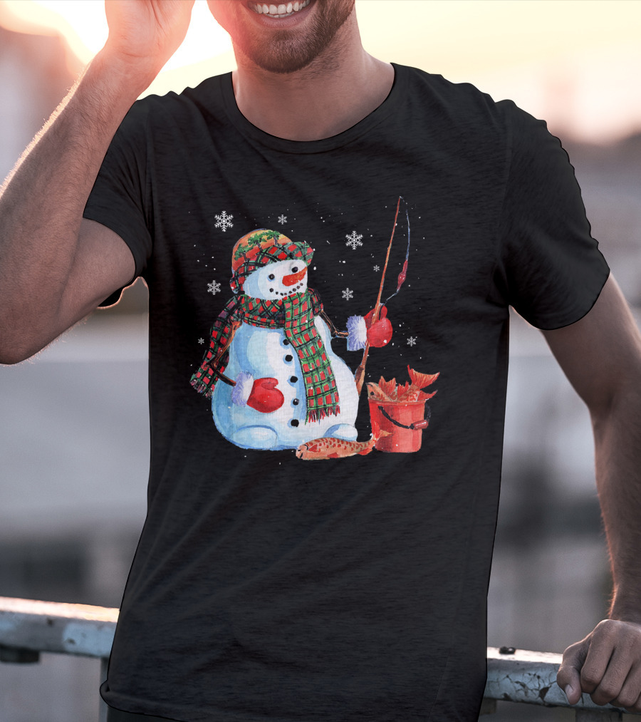 Merry Christmas Snowman Fishing With Fish And Snowflakes T-Shirt