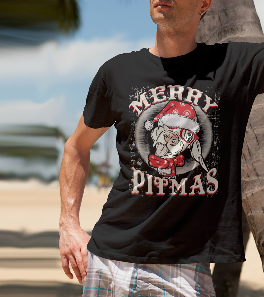 Merry Pitmas Santa Hat Festive Dog T-Shirt