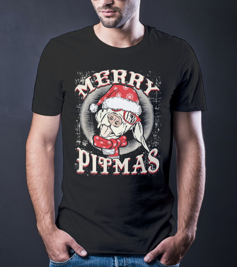 Merry Pitmas Santa Hat Festive Dog T-Shirt