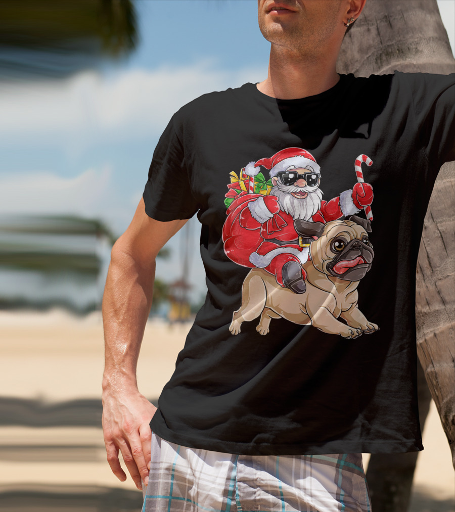 Santa Claus Riding Pug With Candy Cane And Gifts T-Shirt