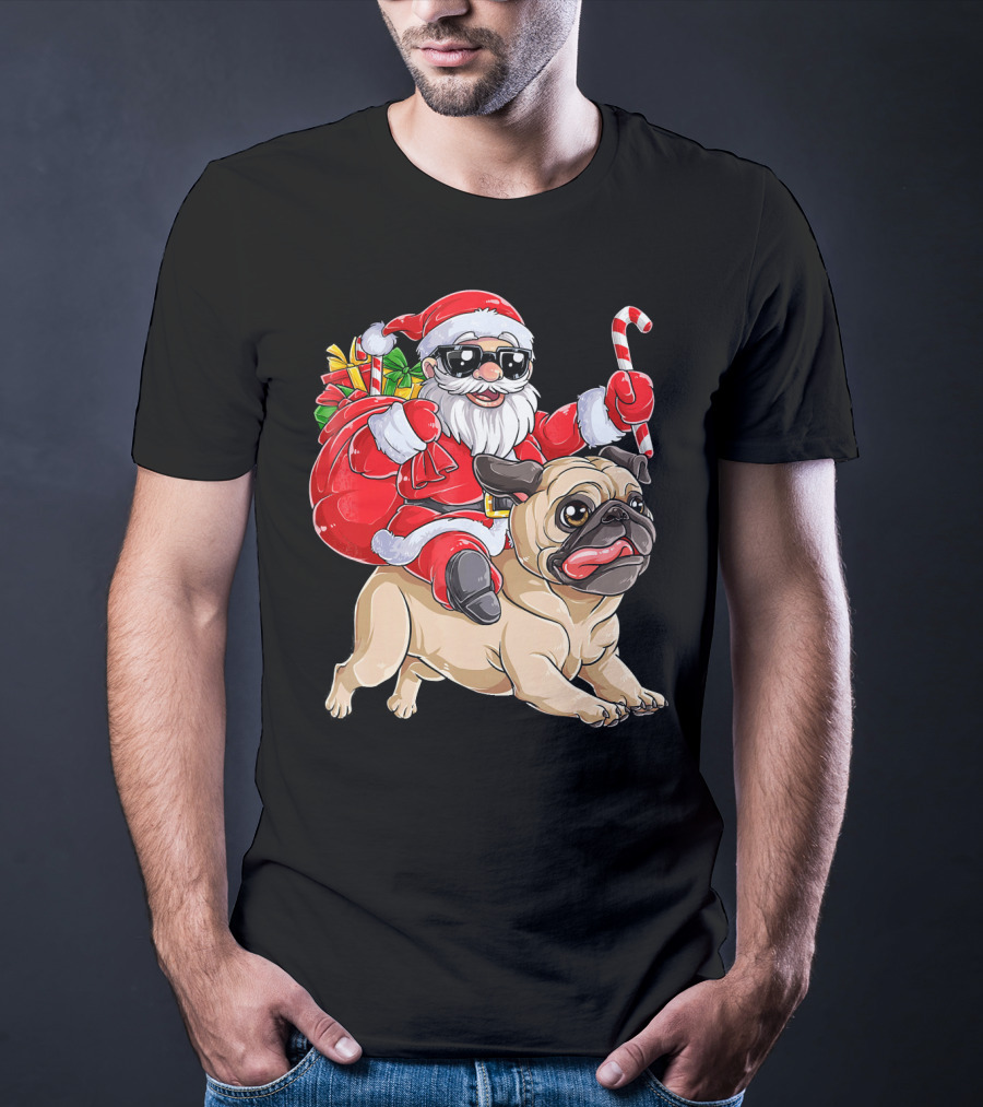 Santa Claus Riding Pug With Candy Cane And Gifts T-Shirt