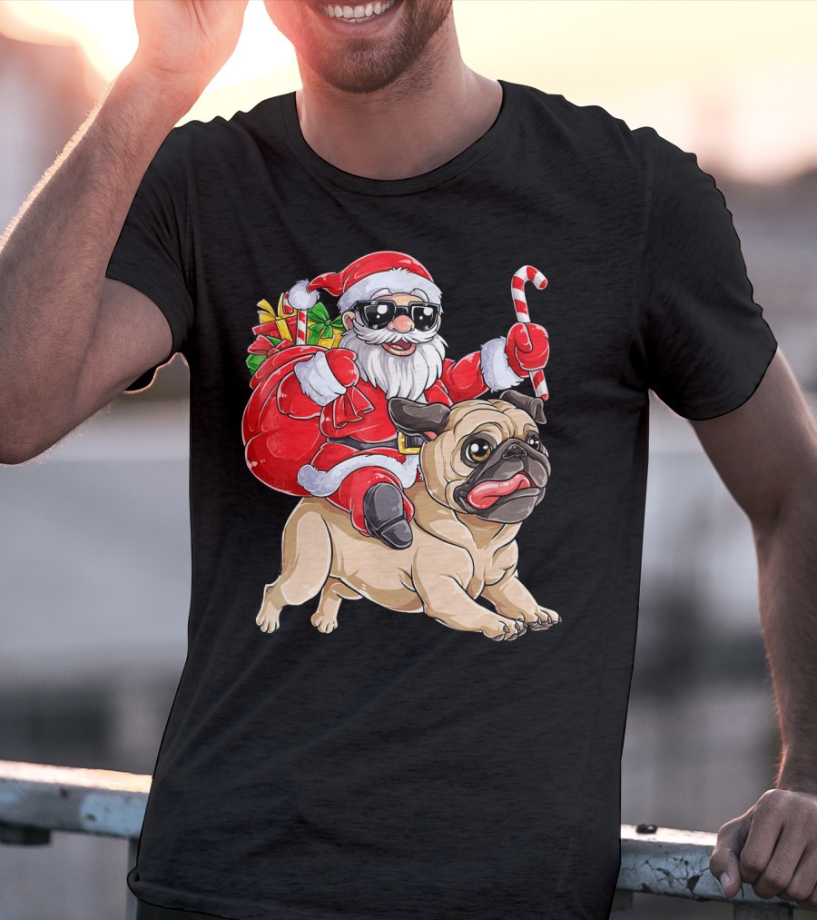 Santa Claus Riding Pug With Candy Cane And Gifts T-Shirt