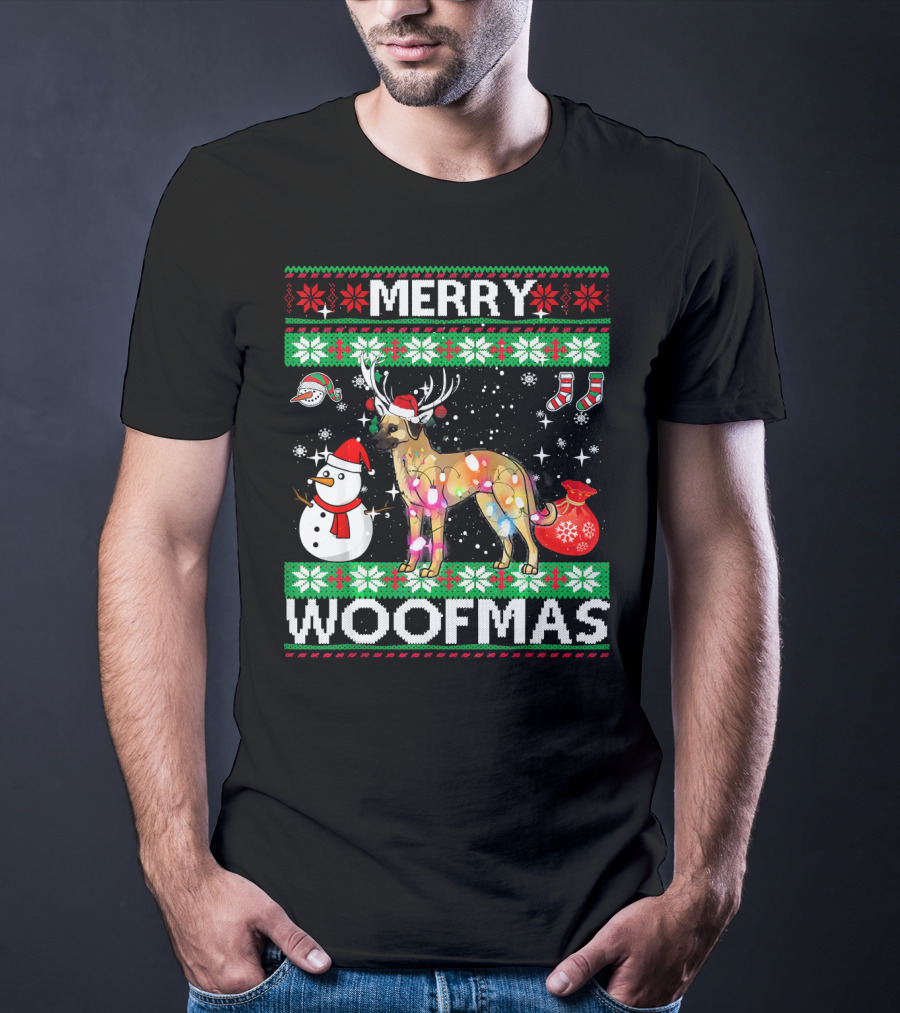 Merry Woofmas Anatolian Shepherd Reindeer Lights Holiday Sweater Snowman Stockings T-Shirt
