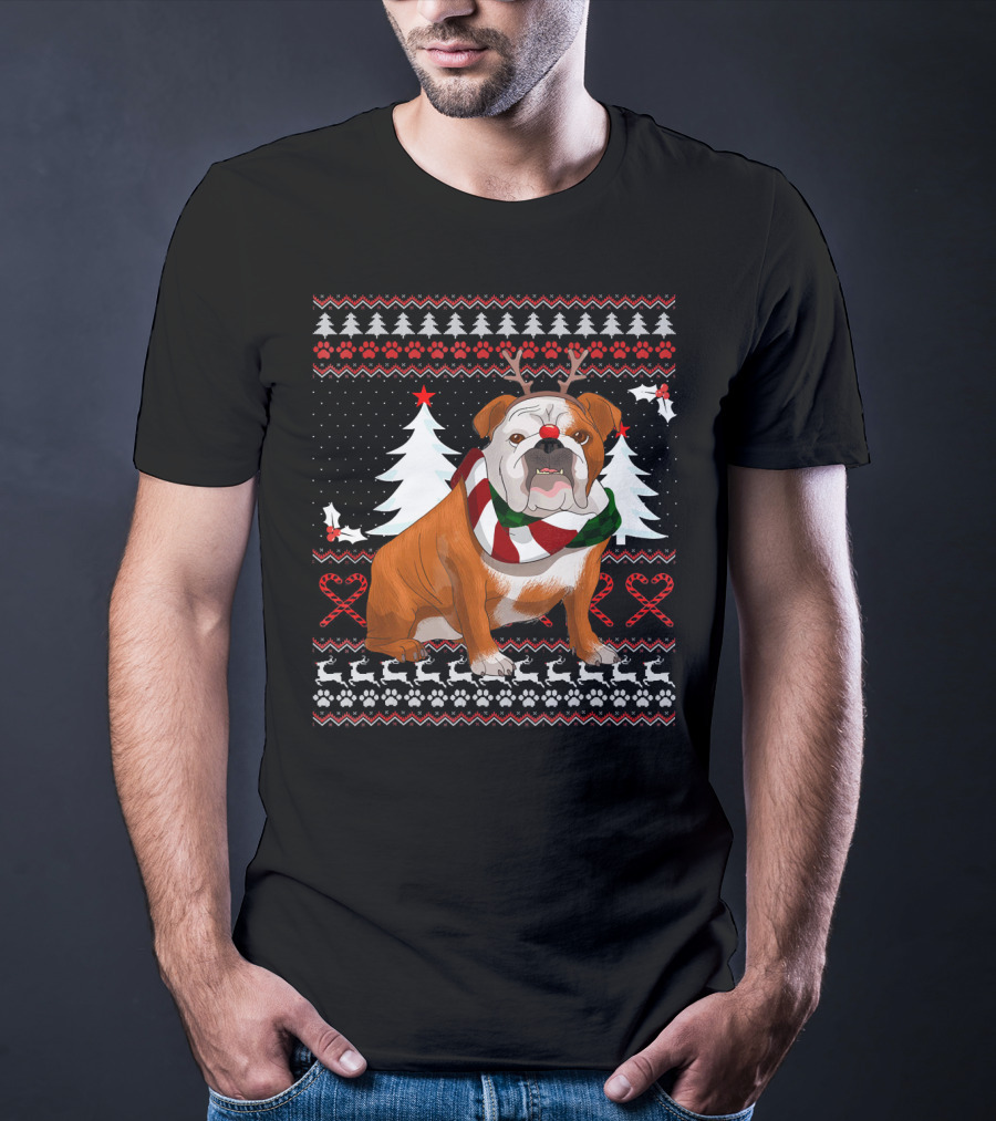 English Bulldog Festive Christmas Sweater With Reindeer Antlers T-Shirt