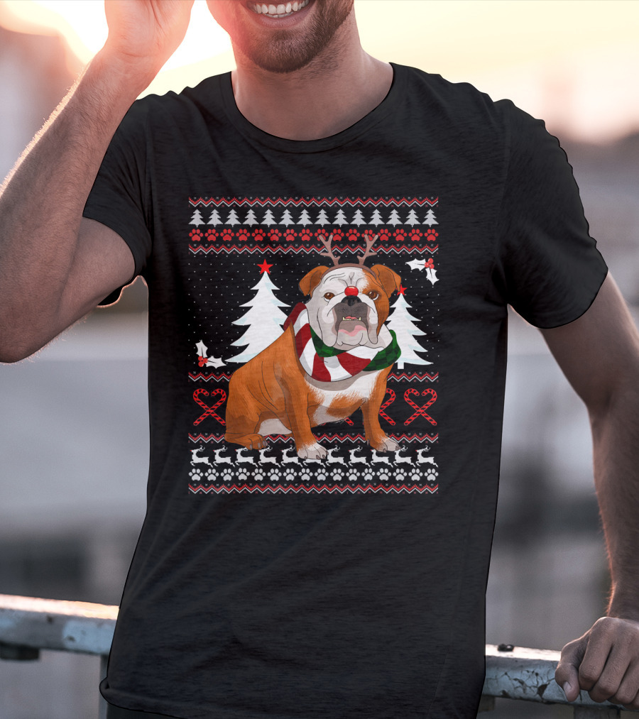 English Bulldog Festive Christmas Sweater With Reindeer Antlers T-Shirt