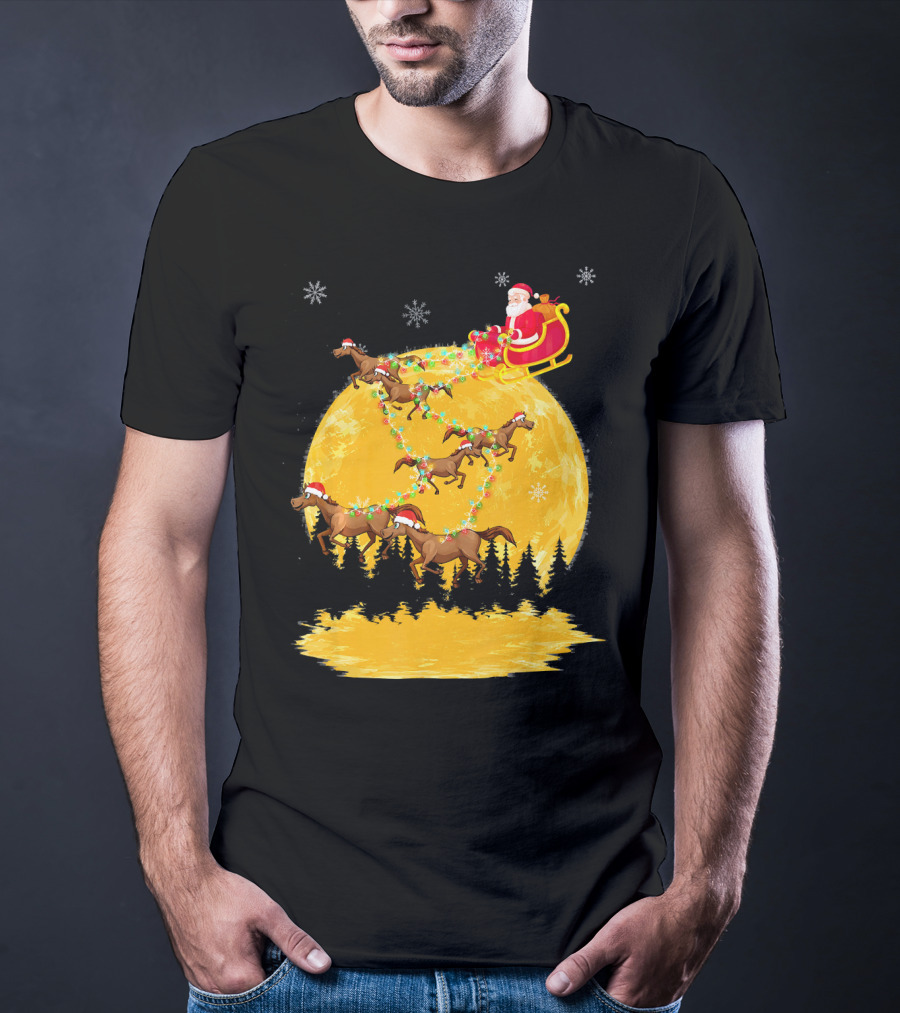 Santa Claus On Sleigh With Horses And Christmas Moon T-Shirt