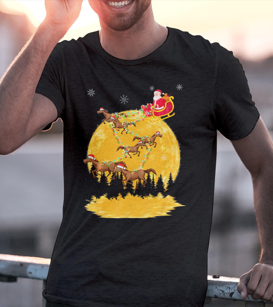 Santa Claus On Sleigh With Horses And Christmas Moon T-Shirt