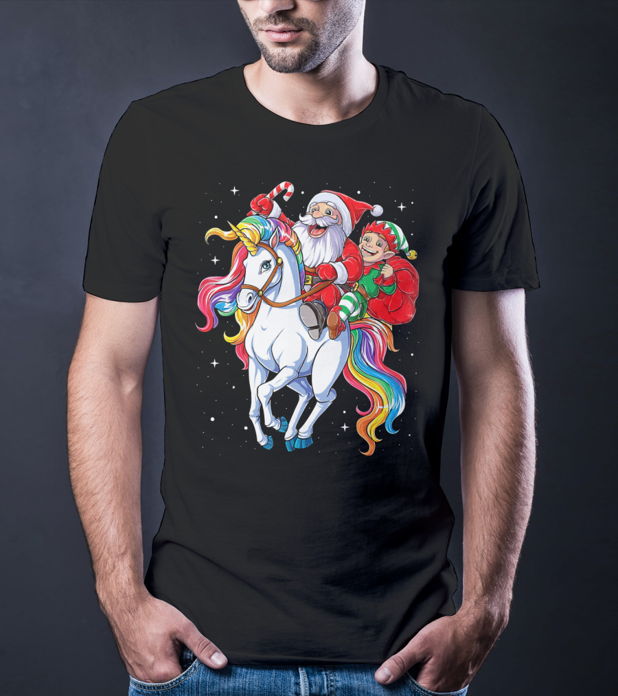 Santa And Elf Riding Rainbow Unicorn Christmas Magic T-Shirt