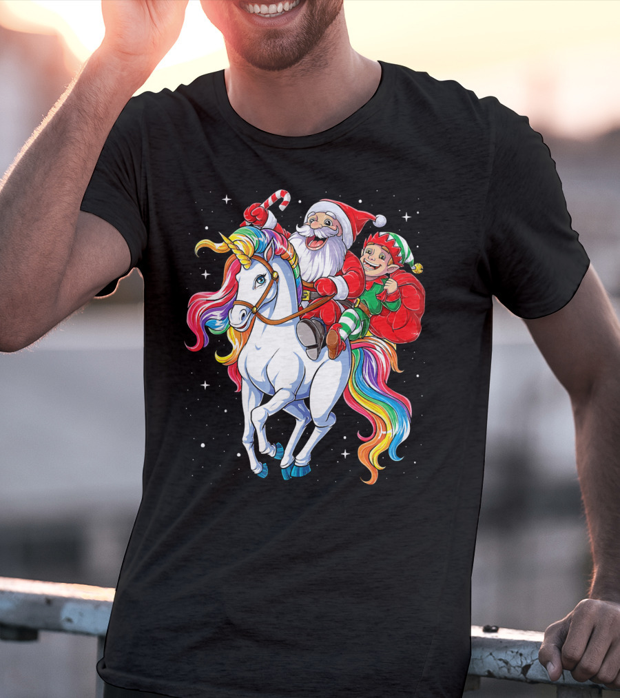 Santa And Elf Riding Rainbow Unicorn Christmas Magic T-Shirt