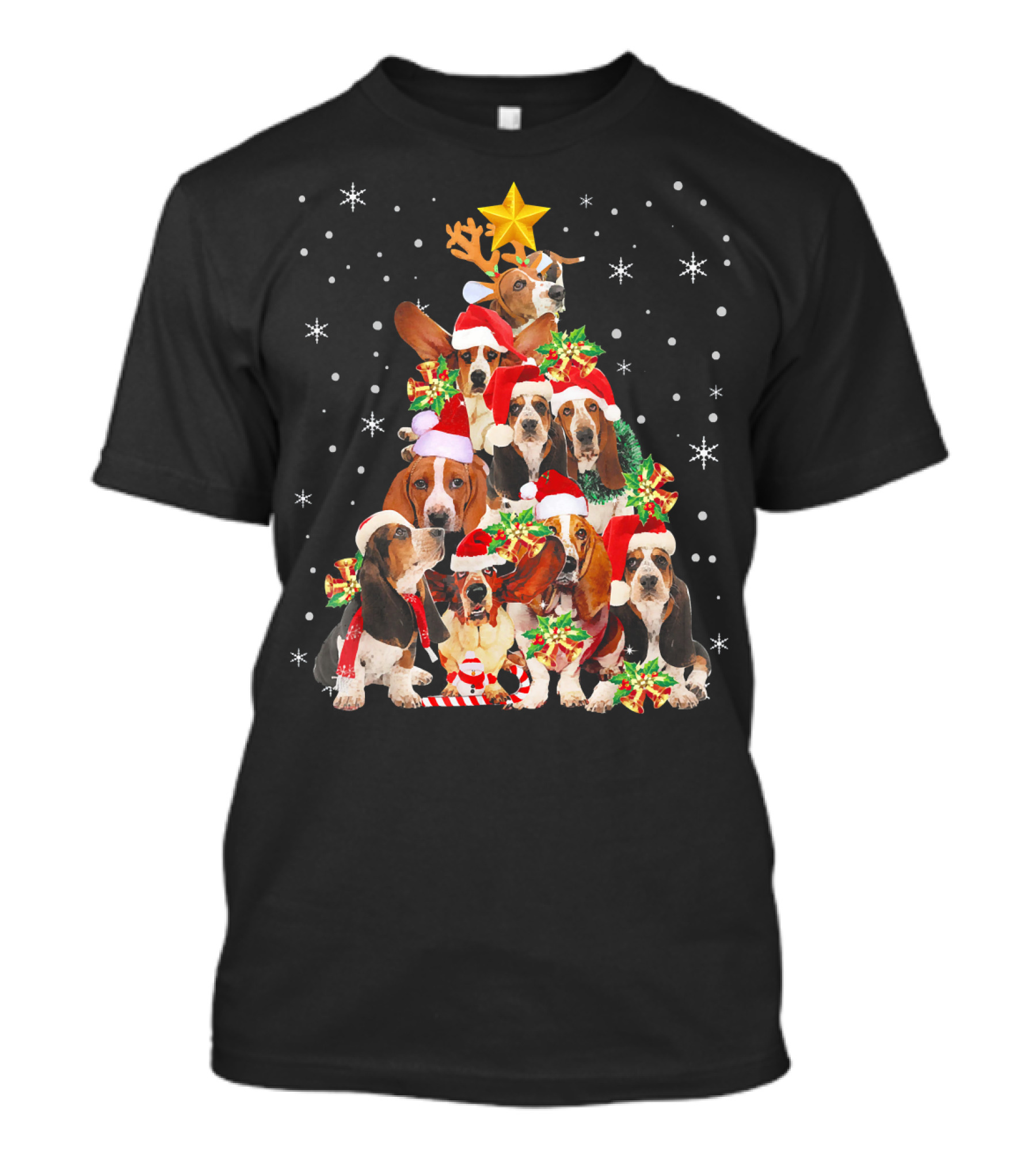 Basset Hound Christmas Tree With Santa Hats And Star T-Shirt