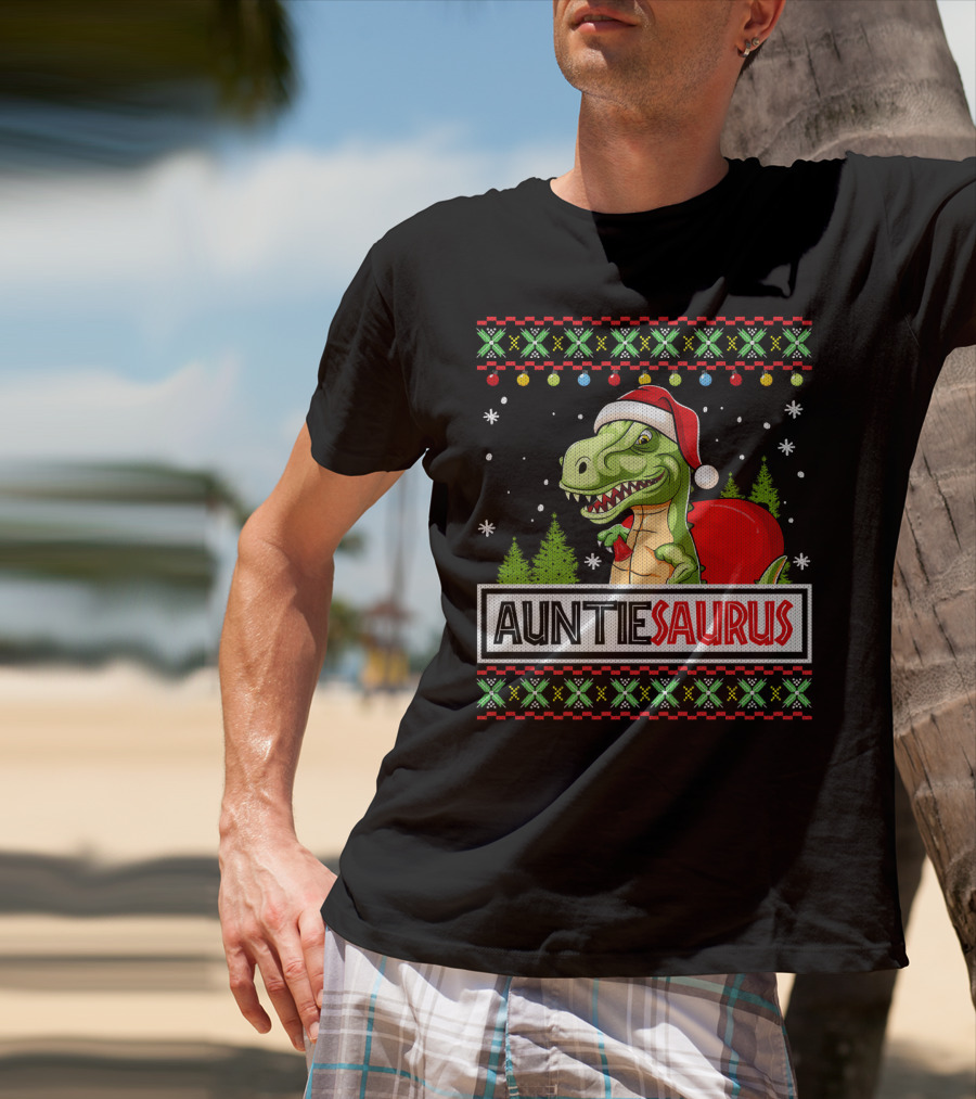 Auntiesaurus Funny Auntie Dinosaur Christmas Sweater T-Rex Santa Hat T-Shirt