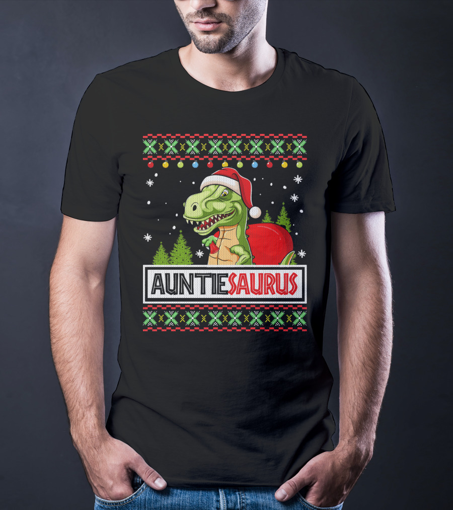 Auntiesaurus Funny Auntie Dinosaur Christmas Sweater T-Rex Santa Hat T-Shirt