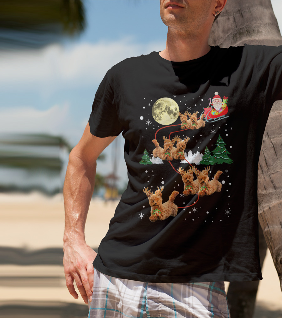 Funny Reindeer Dogs With Santa Sleigh Under Full Moon T-Shirt