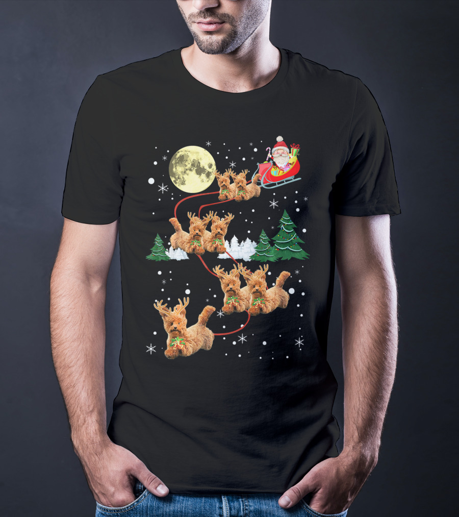 Funny Reindeer Dogs With Santa Sleigh Under Full Moon T-Shirt