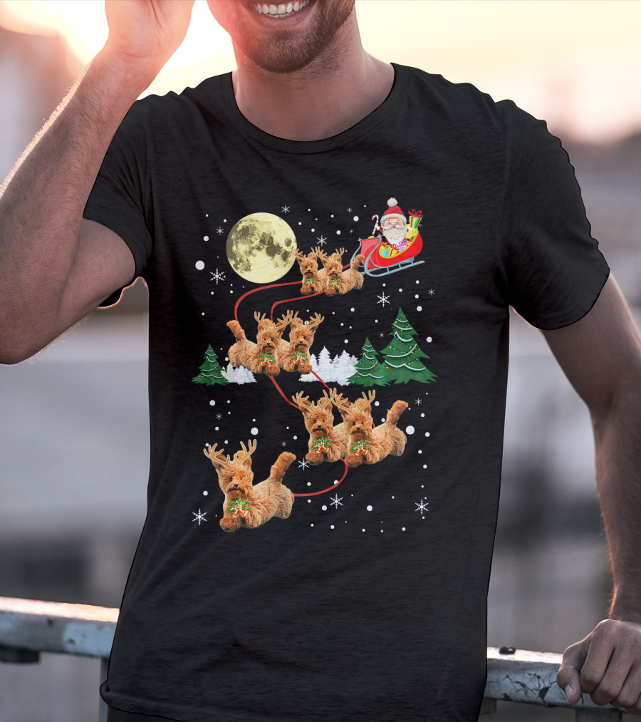 Funny Reindeer Dogs With Santa Sleigh Under Full Moon T-Shirt