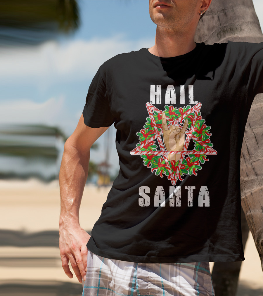 Hail Santa Candy Cane Wreath Hand Sign T-Shirt