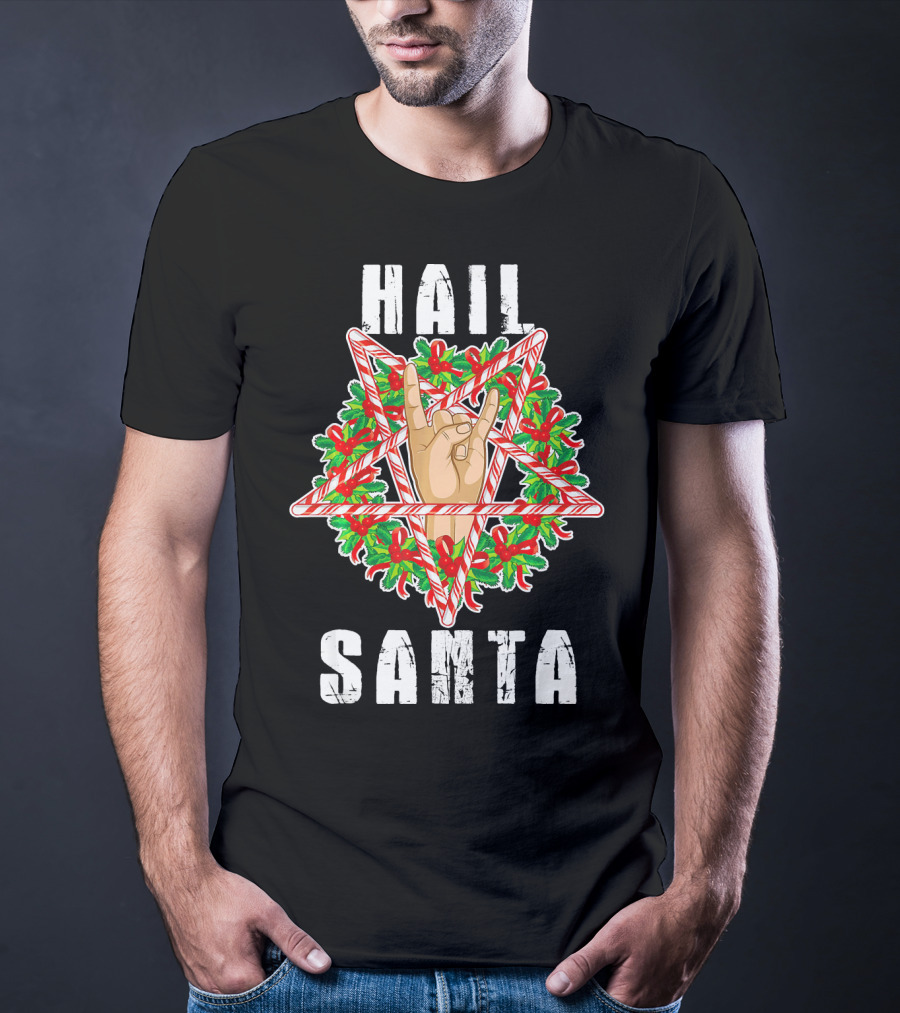 Hail Santa Candy Cane Wreath Hand Sign T-Shirt