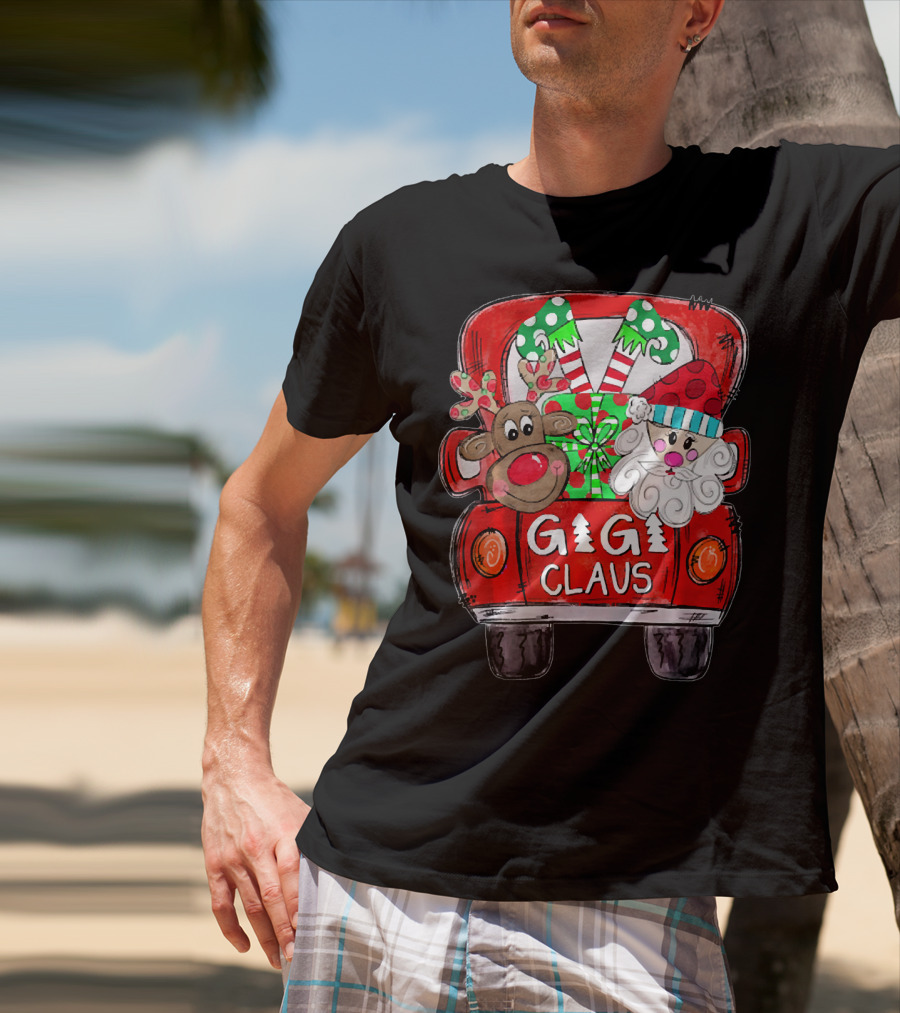 GiGi Claus Christmas Red Truck Reindeer With Gifts And Candy Canes T-Shirt
