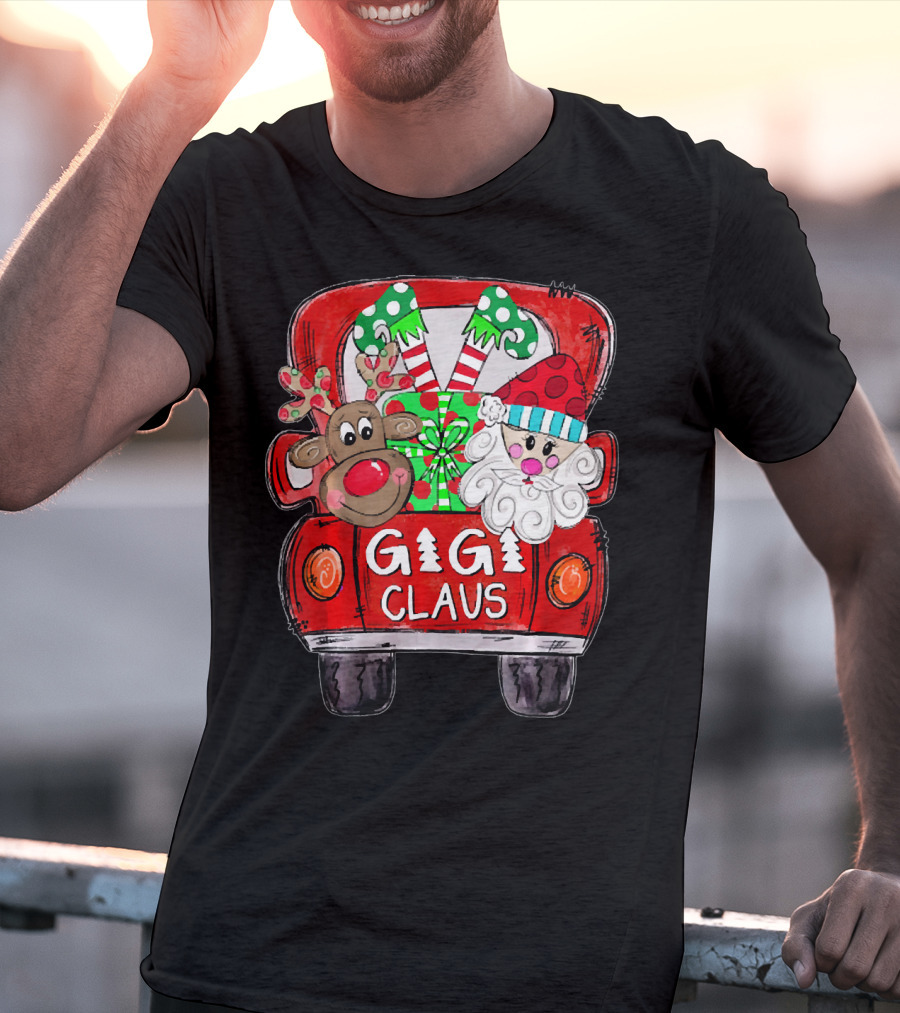 GiGi Claus Christmas Red Truck Reindeer With Gifts And Candy Canes T-Shirt