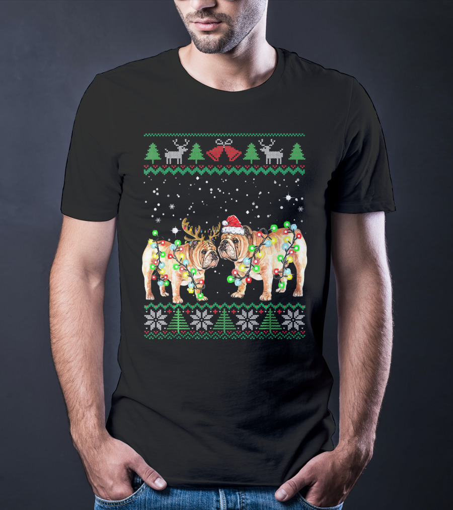 Bulldog Ugly Christmas Sweater With Santa Hat And Reindeer Antlers T-Shirt